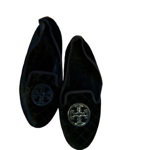 TORY BURCH BLACK WOOL/ QUILTED FLATS WITH LOGO EXCELLENT CONDITION SIZE 11